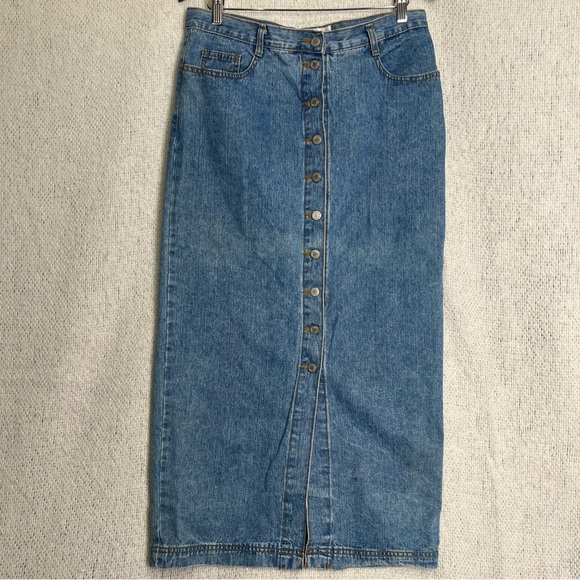 Jay Jacobs Dresses & Skirts - Vintage Maxi Denim Skirt Jay Jacobs Button Front Pencil Jean 90s Faded USA Jr 13